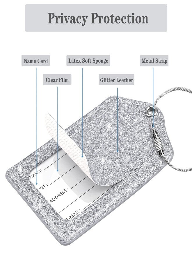 Coco Rossi (Set of 2) Luggage Tag Leather Privacy Cover ID Label Address Card with Stainless Steel Loop, Travel Bag Tags Suitcase Labels, Glitter Silver - Image 3